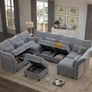 LLappuil Chenille Large Sectional Sofa 8 Seats U Shaped Modular Sofa with Storage Chaise, Adjustable Backrest, Modular Sectional Couches Sleeper for Living Room, Grey