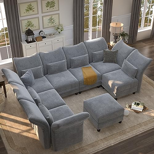 LLappuil Chenille Large Sectional Sofa 8 Seats U Shaped Modular Sofa with Storage Chaise, Adjustable Backrest, Modular Sectional Couches Sleeper for Living Room, Grey