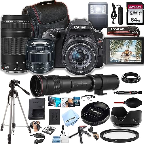 Canon EOS Rebel SL3 DSLR Camera w/EF-S 18-55mm F/4-5.6 STM Zoom Lens + 75-300mm F/4-5.6 III Lens + 420-800mm Super Telephoto Lens + 64GB Memory, Case, Tripod, Flash, Remote, and More (38pc Bundle)