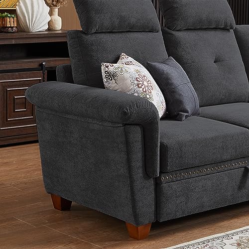 Jarenie Sectional Sofa with Storage and Cupholder, 4 Seat L Shaped Couch with Reversible Ottoman, Wooden Legs, Upholstered Fabric Sofa Couches for Living Room, Apartment, Office (Dark Grey)