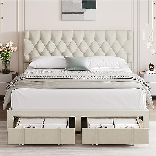 GAOMON Queen Size Bed Frame with 2 Storage Drawers, Upholstered Platform Bed Frame with Adjustable Button Tufted Headboard, Mattress Foundation with Solid Wooden Slats Support, No Box Spring Needed