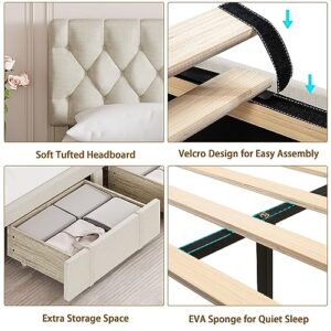 GAOMON Queen Size Bed Frame with 2 Storage Drawers, Upholstered Platform Bed Frame with Adjustable Button Tufted Headboard, Mattress Foundation with Solid Wooden Slats Support, No Box Spring Needed