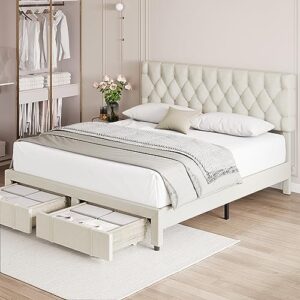 GAOMON Queen Size Bed Frame with 2 Storage Drawers, Upholstered Platform Bed Frame with Adjustable Button Tufted Headboard, Mattress Foundation with Solid Wooden Slats Support, No Box Spring Needed