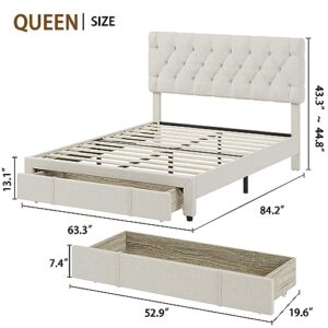 GAOMON Queen Size Bed Frame with 2 Storage Drawers, Upholstered Platform Bed Frame with Adjustable Button Tufted Headboard, Mattress Foundation with Solid Wooden Slats Support, No Box Spring Needed