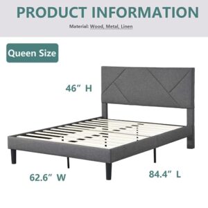 Queen Size Upholstered Platform Bed Frame with Linen Soft Headboard and Wooden Slats Support, No Box Spring Needed for Boys Girls Teens Adults, Non-Slip and Noise-Free, Under Bed Storage (Queen)