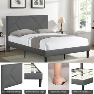 Queen Size Upholstered Platform Bed Frame with Linen Soft Headboard and Wooden Slats Support, No Box Spring Needed for Boys Girls Teens Adults, Non-Slip and Noise-Free, Under Bed Storage (Queen)