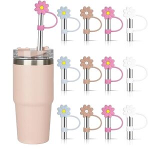 [12 pack] straw cover cap 10mm for stanley cup adventure quencher 40oz, reusable silicone stopper tips for stanley tumbler 30oz, 20oz,12oz accessories, fits 10mm/0.4 inch drinking straws (flowers)