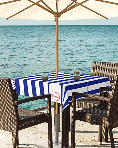 EZON-CH Outdoor Tablecloth with Umbrella Hole and Zipper 54"x54", Anchor Rope and Steering Wheel Blue Square Waterproof Table Cloth Table Covers for Dining, Garden, Courtyard, Patio, Camping, Picnic