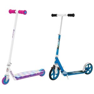 razor party pop kick scooter for kids ages 6+ - 12 multi-color led lights, urethane wheels & a5 lux kick scooter for kids ages 8+ - 8 urethane wheels, anodized finish featuring bold