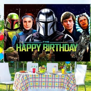 Mandalorian Background Birthday Decorations, Mandalorian Happy Birthday Banner Backdrop for Mandalorian Birthday Party Supplies (5x3ft)