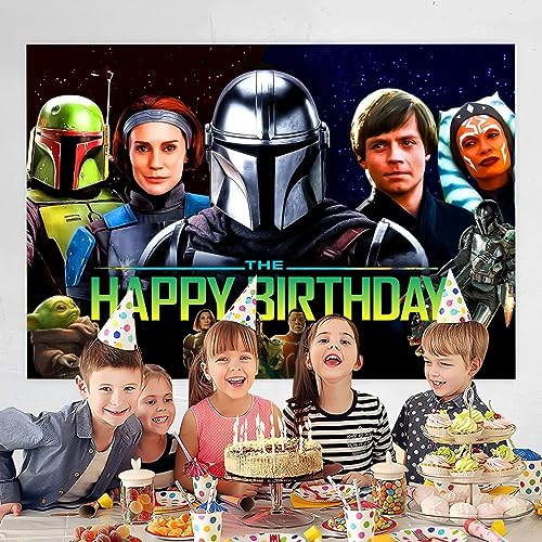 Mandalorian Background Birthday Decorations, Mandalorian Happy Birthday Banner Backdrop for Mandalorian Birthday Party Supplies (5x3ft)