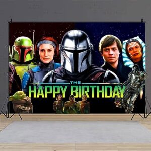 Mandalorian Background Birthday Decorations, Mandalorian Happy Birthday Banner Backdrop for Mandalorian Birthday Party Supplies (5x3ft)