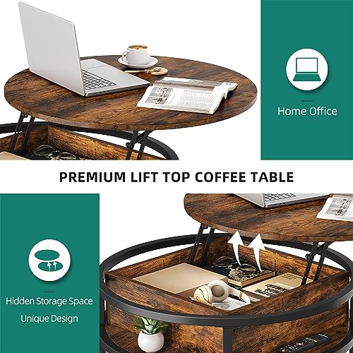 YITAHOME Round Lift Top Coffee Table, Coffee Tables with Living Room with Hidden Storage Compartment, Coffee Table with Storage for Home Office,Circle Center Tables Living Room,Rustic Brown