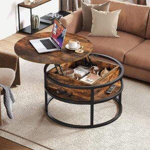 yitahome round lift top coffee table, coffee tables with living room with hidden storage compartment, coffee table with storage for home office,circle center tables living room,rustic brown