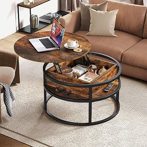 YITAHOME Round Lift Top Coffee Table, Coffee Tables with Living Room with Hidden Storage Compartment, Coffee Table with Storage for Home Office,Circle Center Tables Living Room,Rustic Brown