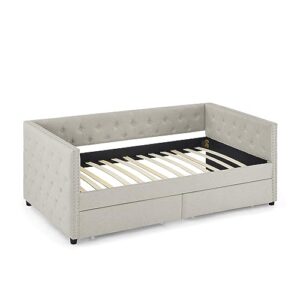 Linuque Upholstered Twin Size Daybed with Two Storage Drawers, Wood Linen Fabric Sofa Bed Frame with Button Tufted Armrest and Nailhead Trimming on Square Arms, Beige