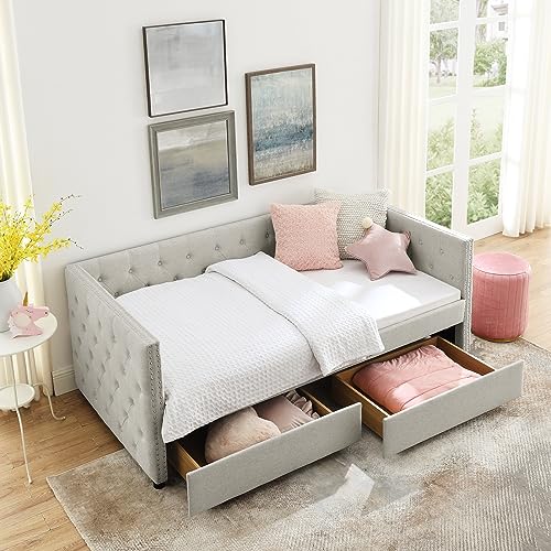 Linuque Upholstered Twin Size Daybed with Two Storage Drawers, Wood Linen Fabric Sofa Bed Frame with Button Tufted Armrest and Nailhead Trimming on Square Arms, Beige