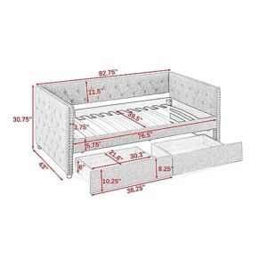 Linuque Upholstered Twin Size Daybed with Two Storage Drawers, Wood Linen Fabric Sofa Bed Frame with Button Tufted Armrest and Nailhead Trimming on Square Arms, Beige