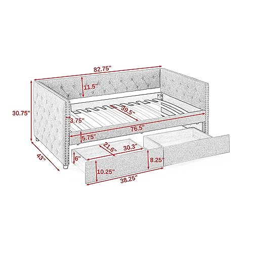 Linuque Upholstered Twin Size Daybed with Two Storage Drawers, Wood Linen Fabric Sofa Bed Frame with Button Tufted Armrest and Nailhead Trimming on Square Arms, Beige