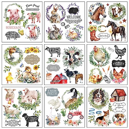 Farmhouse Rub on Transfers for Crafts and Furniture Rub on Decals Animals Floral 9 Pcs Rub on Transfers Stickers for Paper Wood Crafts DIY Arts