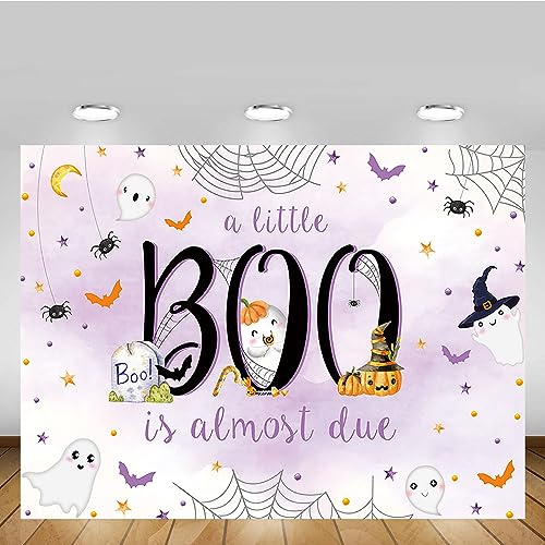 MEHOFOND 7x5ft Halloween Baby Shower Backdrop for Girl White Ghost a Little Boo is Almost Due Spooky Ghost Background Purple Watercolor Trick or Treat Party Decor Photo Booth Studio Banner