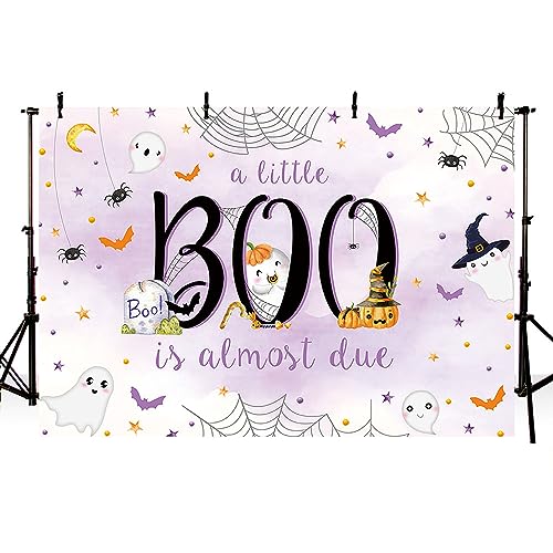 MEHOFOND 7x5ft Halloween Baby Shower Backdrop for Girl White Ghost a Little Boo is Almost Due Spooky Ghost Background Purple Watercolor Trick or Treat Party Decor Photo Booth Studio Banner