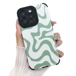 sayoaho designed for iphone 14 pro phone case, soft pu leather tpu and cute art wavy painted for women girls, slim protective shockproof compatible with iphone case (green, iphone 14 pro)