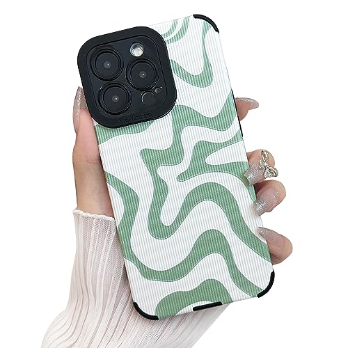 Sayoaho Designed for iPhone 14 Pro Phone Case, Soft PU Leather TPU and Cute Art Wavy Painted for Women Girls, Slim Protective Shockproof Compatible with iPhone Case (Green, iPhone 14 Pro)