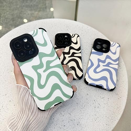 Sayoaho Designed for iPhone 14 Pro Phone Case, Soft PU Leather TPU and Cute Art Wavy Painted for Women Girls, Slim Protective Shockproof Compatible with iPhone Case (Green, iPhone 14 Pro)