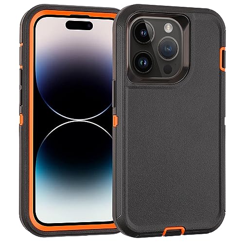 Case for iPhone 14 Pro Case with Tempered Glass Screen Protector and Camera Lens Protector 3 Layer Heavy Duty Drop Protection Rugged Shockproof Protective Tough Durable Cover 6.1" BlackOrange