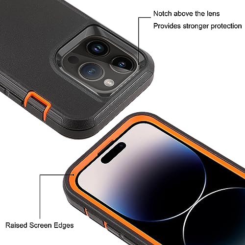 Case for iPhone 14 Pro Case with Tempered Glass Screen Protector and Camera Lens Protector 3 Layer Heavy Duty Drop Protection Rugged Shockproof Protective Tough Durable Cover 6.1" BlackOrange