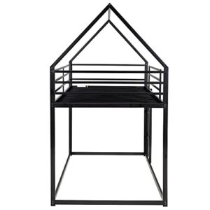 TARTOP Twin Over Twin House Bunk Bed with Built-in Ladder, Metal Low Bunk Bed for Kids Girls Boys,No Spring Box Needed,Black