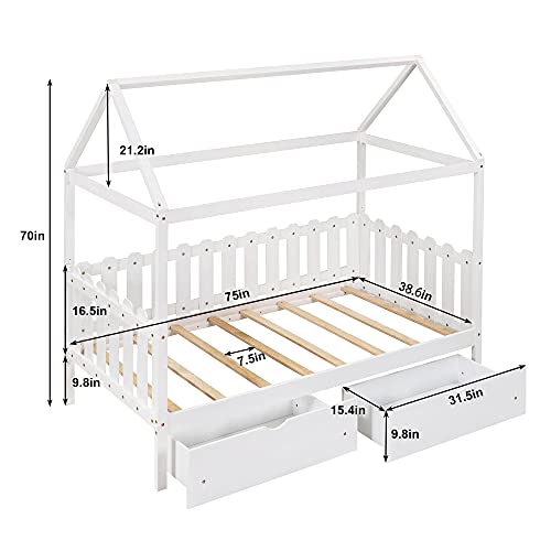 TARTOP Daybed with Drawers, Wood House Bed Tent Bed Twin Size with Drawers and Fence-Shaped Guardrail, for Toddlers/Teens/Girls/Boys, Kids House Bed Frame,White