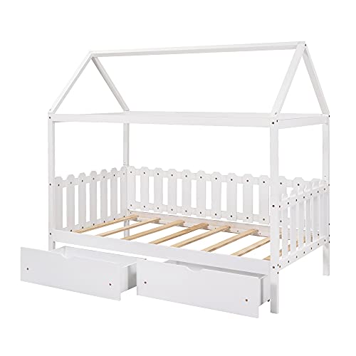 TARTOP Daybed with Drawers, Wood House Bed Tent Bed Twin Size with Drawers and Fence-Shaped Guardrail, for Toddlers/Teens/Girls/Boys, Kids House Bed Frame,White