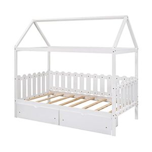 TARTOP Daybed with Drawers, Wood House Bed Tent Bed Twin Size with Drawers and Fence-Shaped Guardrail, for Toddlers/Teens/Girls/Boys, Kids House Bed Frame,White