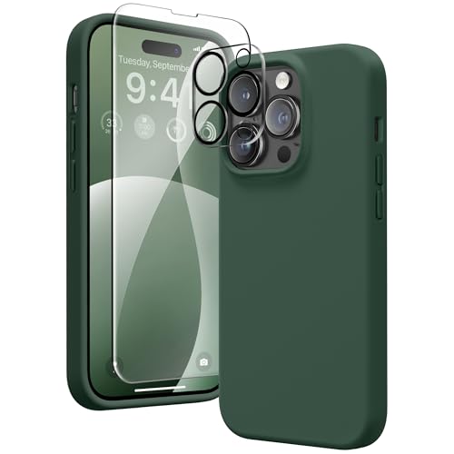 GONEZ for iPhone 14 Pro Max Case Silicone, with 2X Screen Protector + 2X Camera Lens Protector, Full Body Protective Cover, Liquid Silicone Shockproof iPhone 14 ProMax Case 6.7", Dark Green