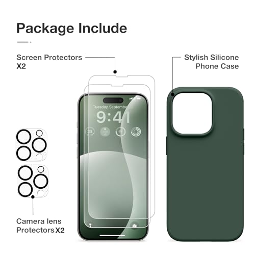 GONEZ for iPhone 14 Pro Max Case Silicone, with 2X Screen Protector + 2X Camera Lens Protector, Full Body Protective Cover, Liquid Silicone Shockproof iPhone 14 ProMax Case 6.7", Dark Green