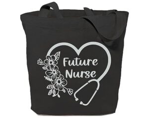 gxvuis future nurse canvas tote bag for women aesthetic floral heart reusable grocery shopping bags nursing student gift black