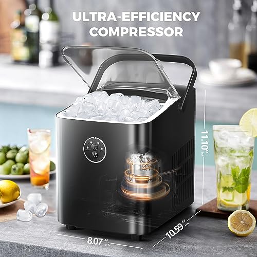 ZAFRO Ice Maker Countertop 2 Sizes Ice Machine, 8 Bullet Ice 9 Mins, 26.5lbs/24H, Portable Ice Maker with Self-Cleaning,Handle and Basket,Black