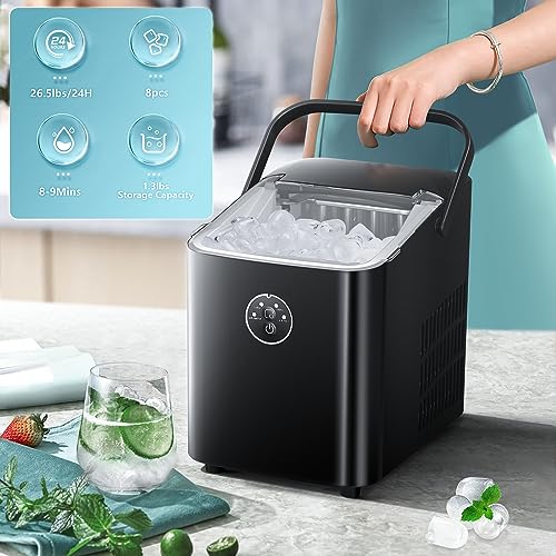 ZAFRO Ice Maker Countertop 2 Sizes Ice Machine, 8 Bullet Ice 9 Mins, 26.5lbs/24H, Portable Ice Maker with Self-Cleaning,Handle and Basket,Black
