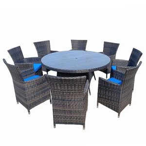 patioption 9 piece patio set outdoor wicker patio furniture sets modern bistro set pe rattan chair conversation dining sets (round table with 8 seater) - blue cushion