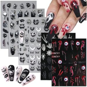 6 Sheets Halloween Nail Stickers 5D Stereo Relief Nail Decals for Acrylic Nail Art Gothic Evil Eyes Ghost Face Skeleton Pegatinas Uñas Self-Adhesive Nail Art Supplies Sky Wings Design Nail Accessories