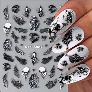 6 Sheets Halloween Nail Stickers 5D Stereo Relief Nail Decals for Acrylic Nail Art Gothic Evil Eyes Ghost Face Skeleton Pegatinas Uñas Self-Adhesive Nail Art Supplies Sky Wings Design Nail Accessories