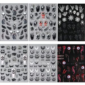 6 Sheets Halloween Nail Stickers 5D Stereo Relief Nail Decals for Acrylic Nail Art Gothic Evil Eyes Ghost Face Skeleton Pegatinas Uñas Self-Adhesive Nail Art Supplies Sky Wings Design Nail Accessories