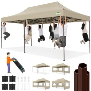 cobizi heavy duty 10x20 pop up canopy tent with 6 sidewalls, commercial instant canopies tents for parties waterproof gazebos with roller bag, all season wind & waterproof upf50+,thickened frame