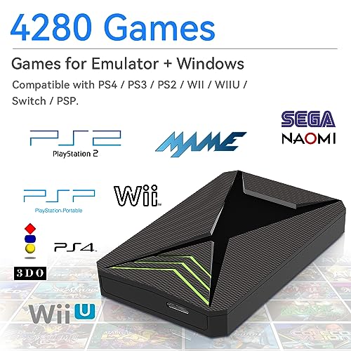 Retro Game Console HDD with Built in 4280 Top Games, Emulator Console with 18 Emulators, 2TB External Hard Drive with LaunchBox System, Portable Game HDD Compatible with PS4/PS3/PS2/WII/WIIU/PSP