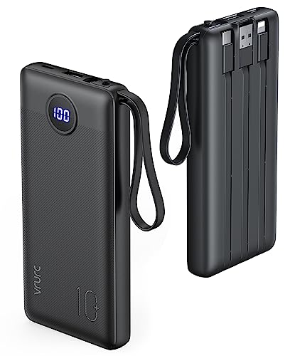 VRURC Portable Charger with Built in Cables, 10000mAh Ultra Slim USB C Power Bank,5 Output 2 Input LED Display External Battery Pack Phone Charger Compatible with Smart Devices and Cell Phones-Black