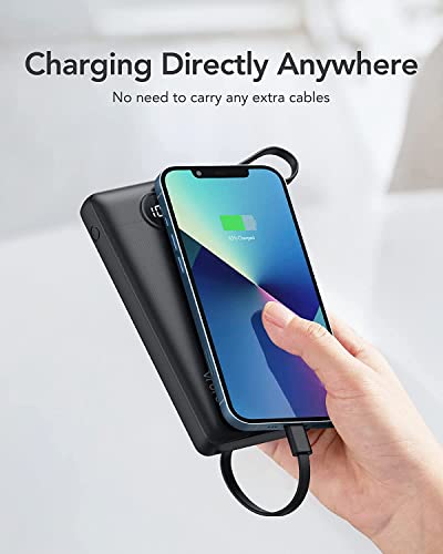 VRURC Portable Charger with Built in Cables, 10000mAh Ultra Slim USB C Power Bank,5 Output 2 Input LED Display External Battery Pack Phone Charger Compatible with Smart Devices and Cell Phones-Black