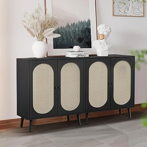 wirrytor Rattan Sideboard Buffer Cabinet, Modern Credenza Kitchen Buffer Storage Cabinet Console Table with 4 Rattan Doors Adjustable Shelves for Kitchen Dinging Living Room Hallway Entryway, Black