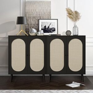 wirrytor Rattan Sideboard Buffer Cabinet, Modern Credenza Kitchen Buffer Storage Cabinet Console Table with 4 Rattan Doors Adjustable Shelves for Kitchen Dinging Living Room Hallway Entryway, Black